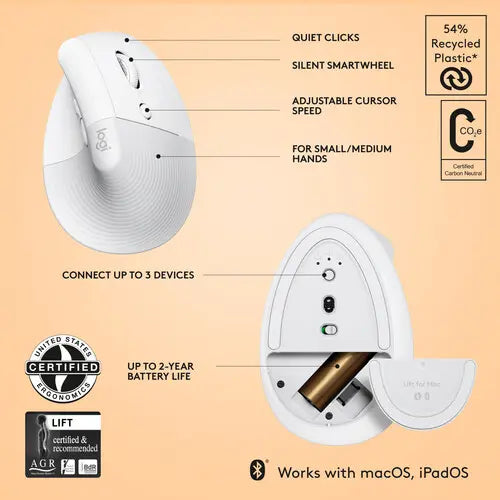 Logitech LIFT for Mac Vertical Ergonomic Mouse - Off-White